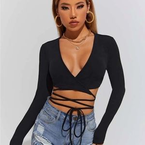 Black Lace Up Tie Front Top Long Sleeve sexy party club wear